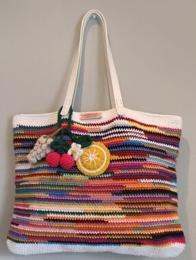 Handmade Multicolor Crochet Tote Bag with White Handles And Fruit's Charms